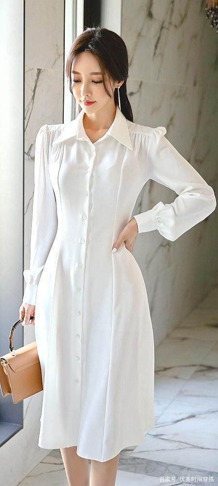孙允珠时尚穿搭收腰长款白色衬衫连衣裙