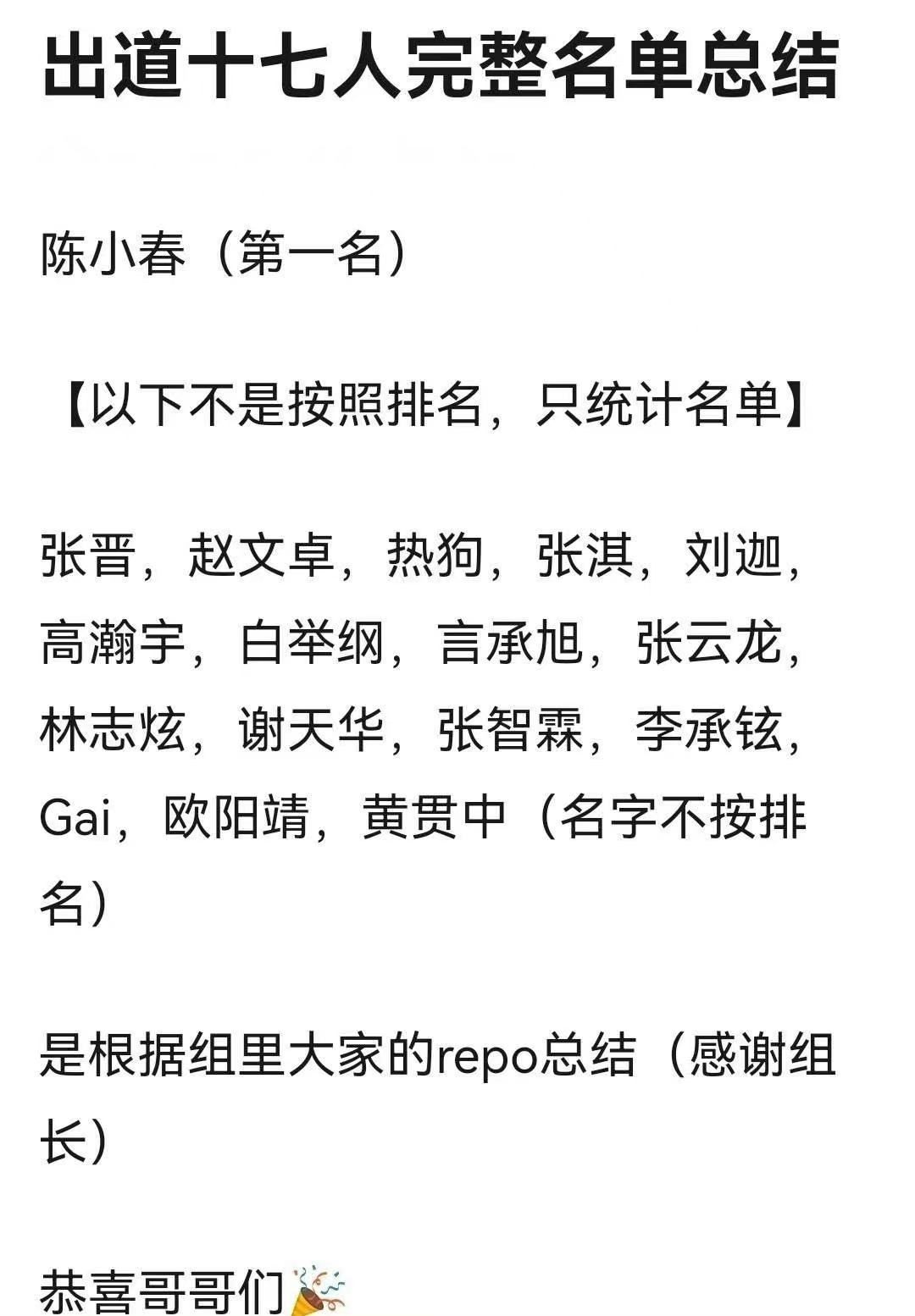 《披哥》總決賽錄播，出道17人名單流出，張晉、張淇、張智霖在列