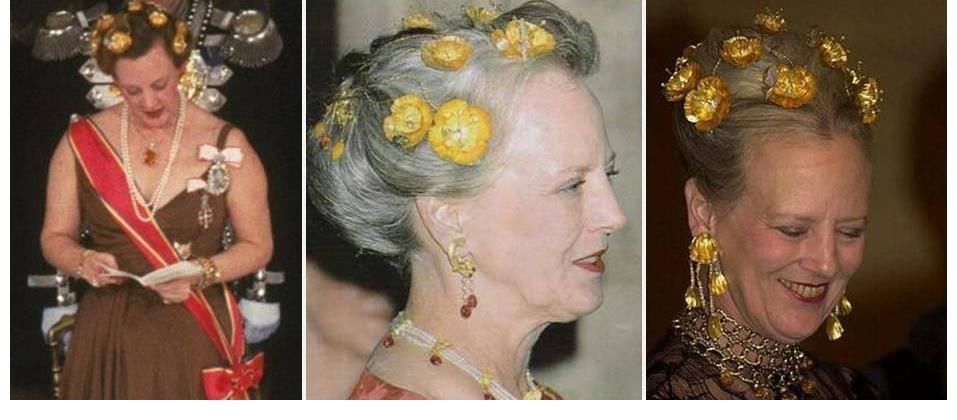 玛格丽特!丹麦玛格丽特二世女王审美独特,多顶黄金花卉头饰,造型古怪