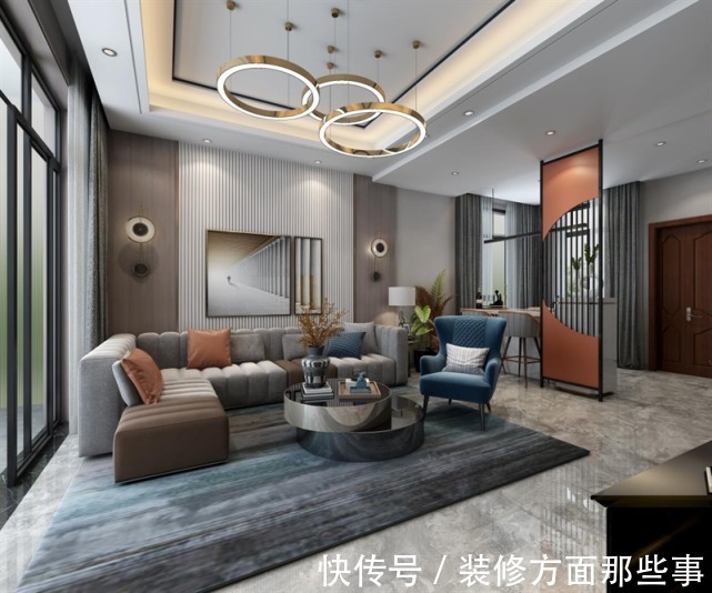 客厅|160平现代简约风,灰色+蓝色太高级了