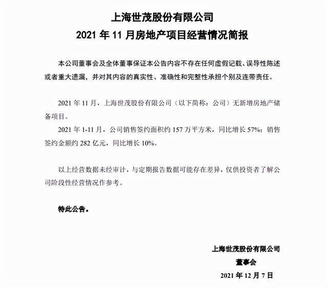 销售|世茂股份前11月销售签约金额约282亿 同比增长10%