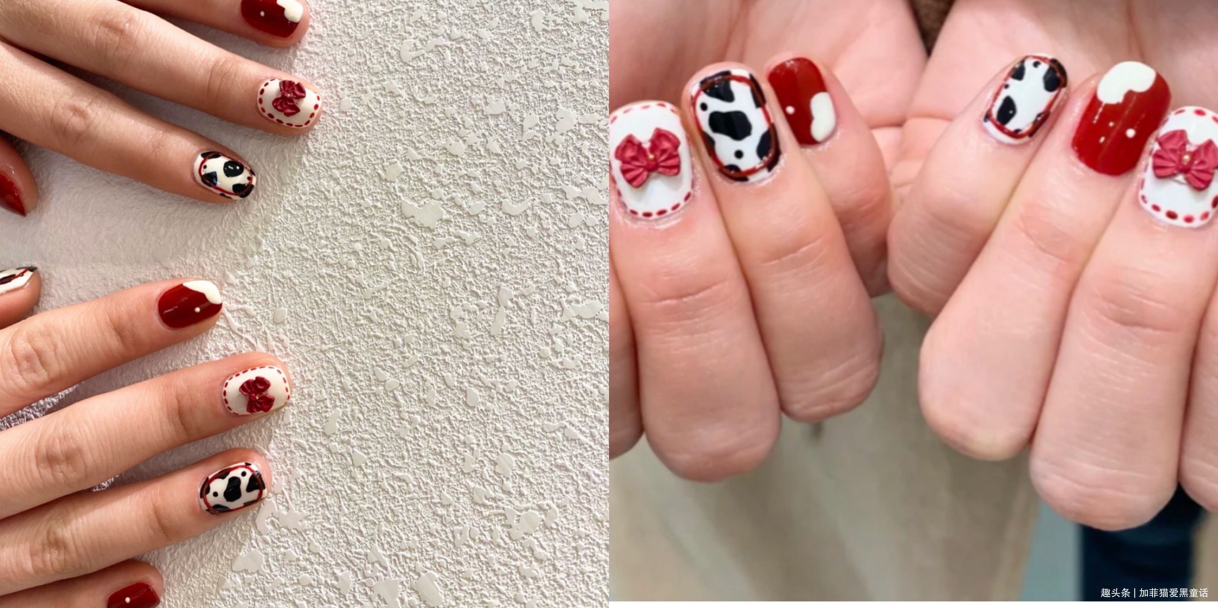 不会过时的九款的奶牛纹美甲，氧气滴感好可爱，甜酷撞色趣味多