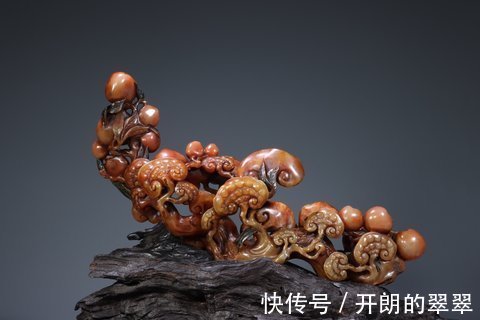 天工奖#清代寿山桃花石雕·寿桃林芝如意摆件