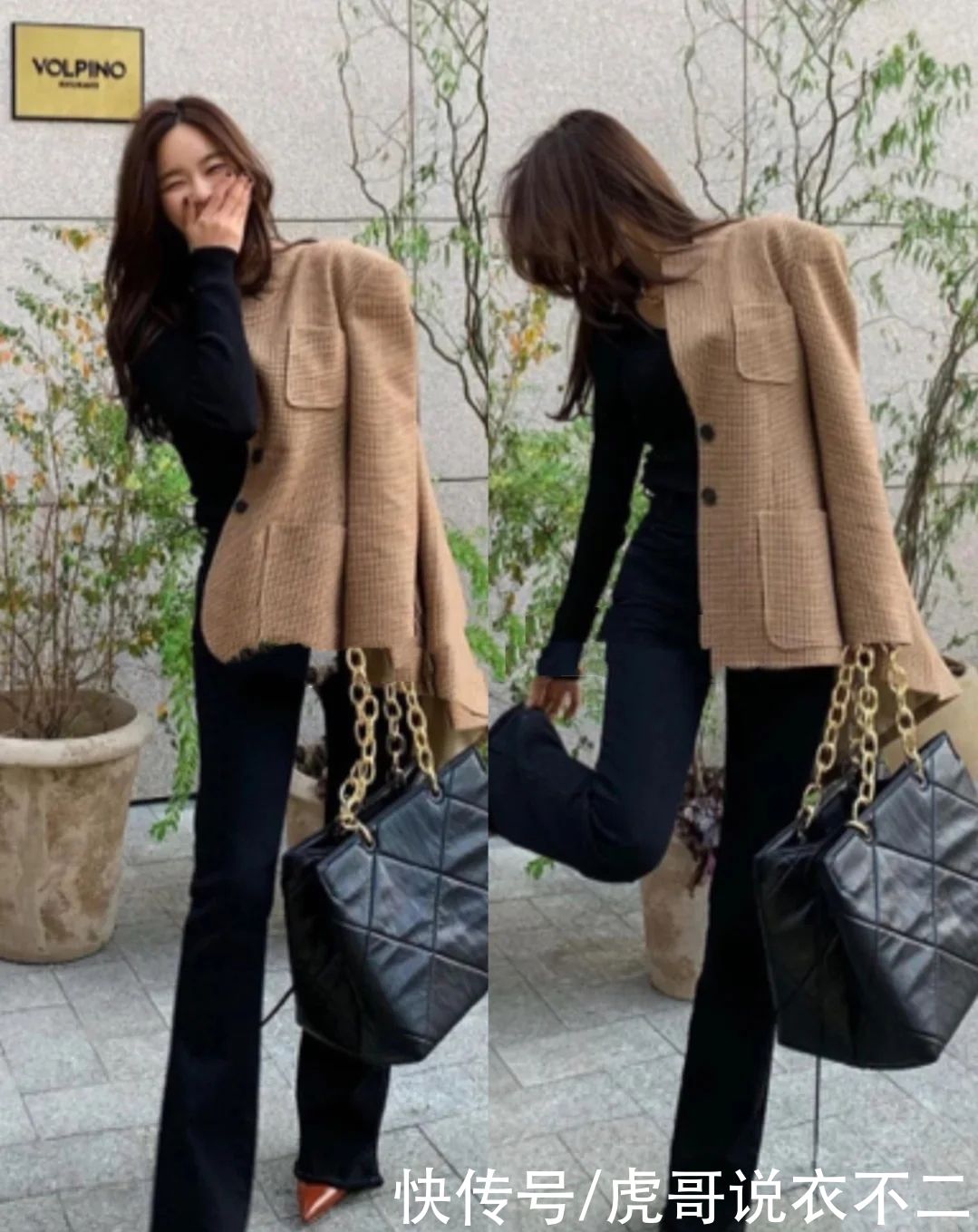 比小脚裤洒脱比阔腿裤显瘦，冬季喇叭裤被她“带火”了，真会穿