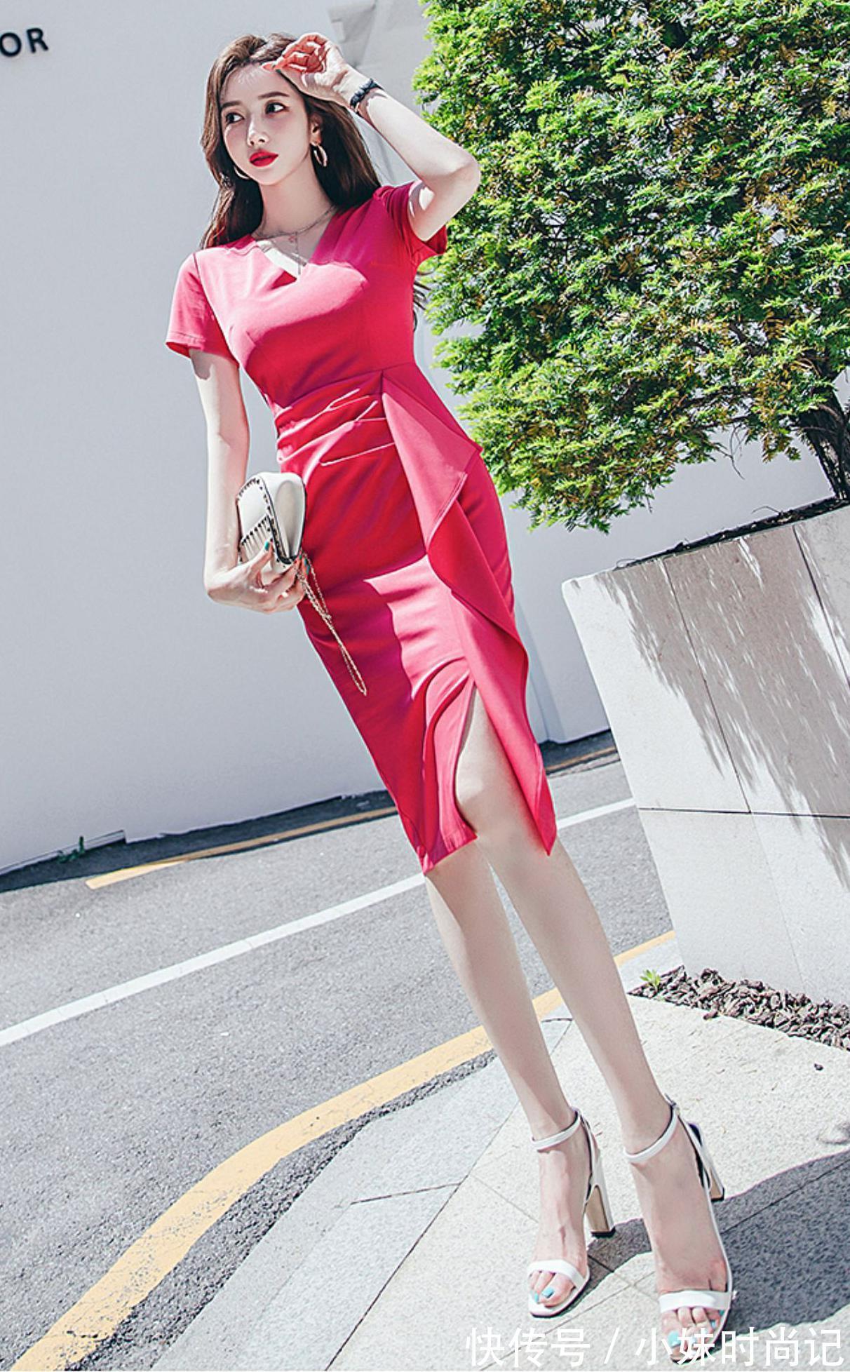 连体裙|红色开叉荷叶边的风格,充满自信,有情调的包臀裙