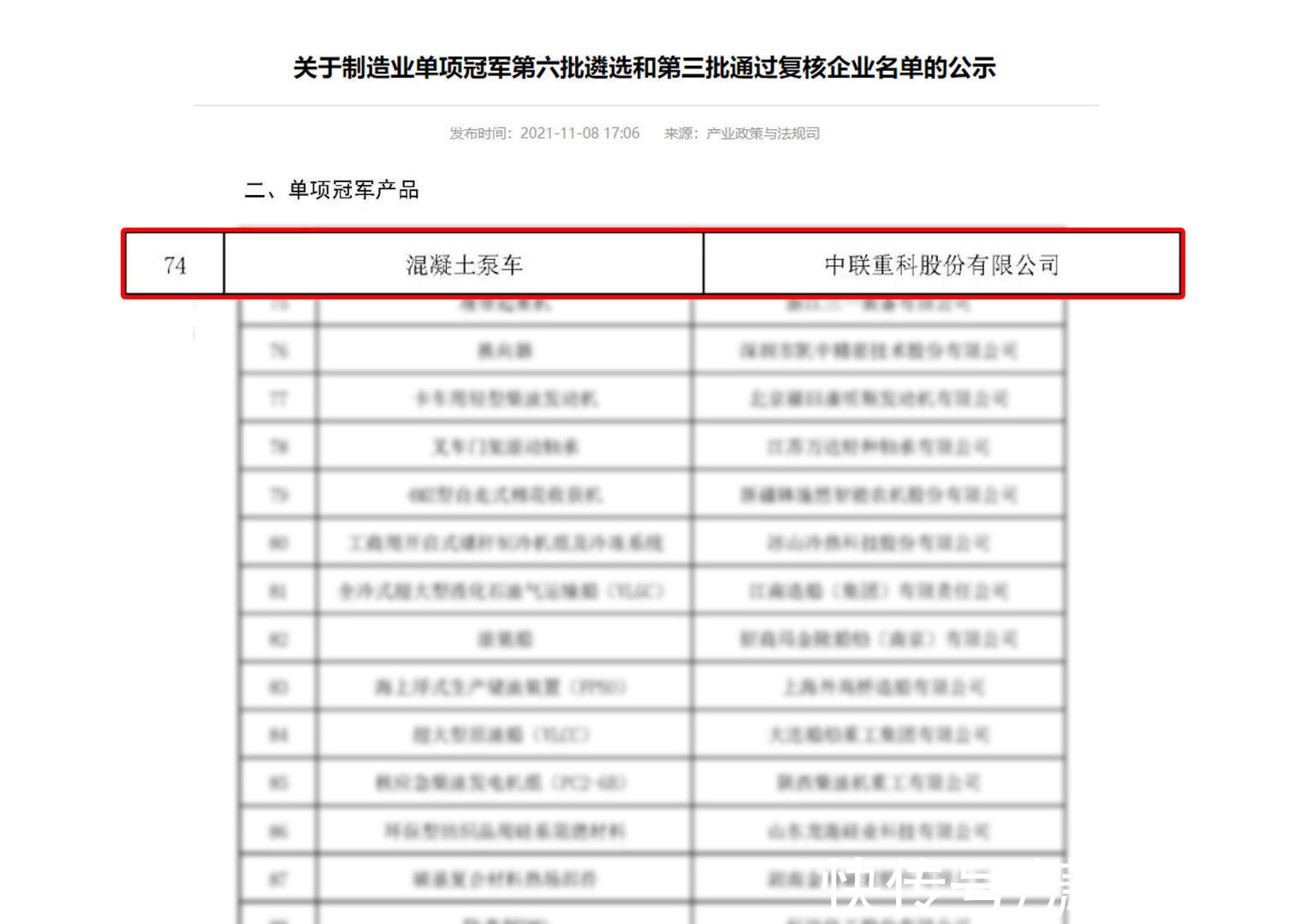 混凝土|又一冠军诞生在中联重科！混凝土泵车入选国家级制造业单项冠军产品名单