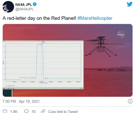 NASA火星直升机Ingenuity成功实现历史性首飞