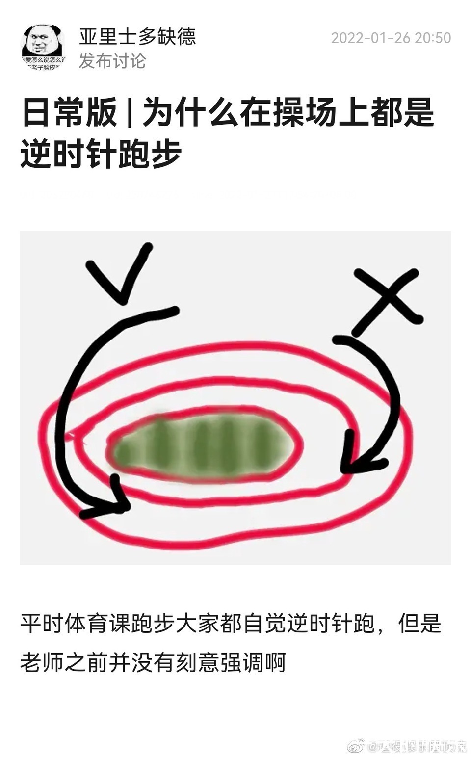 操场|不想不知道,一想吓一跳,好像平常在操场上跑步都是逆时针诶