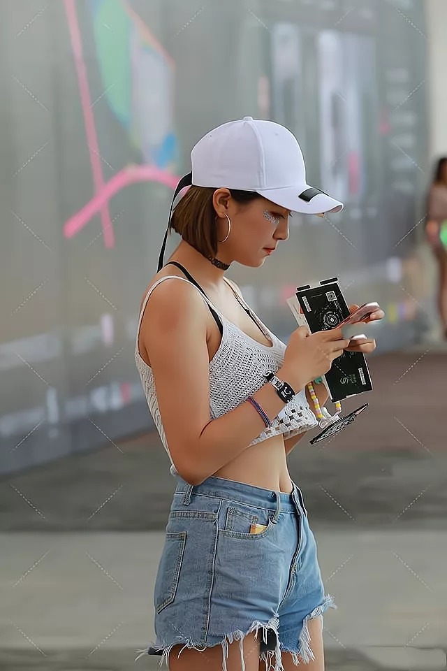 女孩子 白色短上衣搭配蓝色阔腿短裤,时髦靓丽,还很显瘦