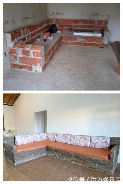 卡座|公公一根筋,客厅不放沙发,坚持红砖砌卡座,用旧床单包着,土!