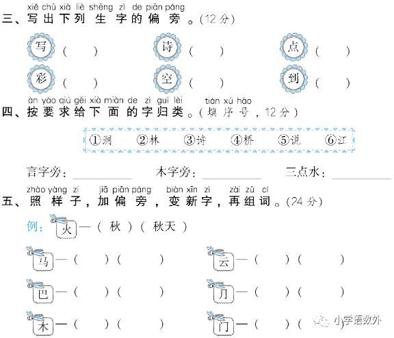 一年级语文上册期末专项提分卷11-12： 偏旁部首、看拼音写汉字