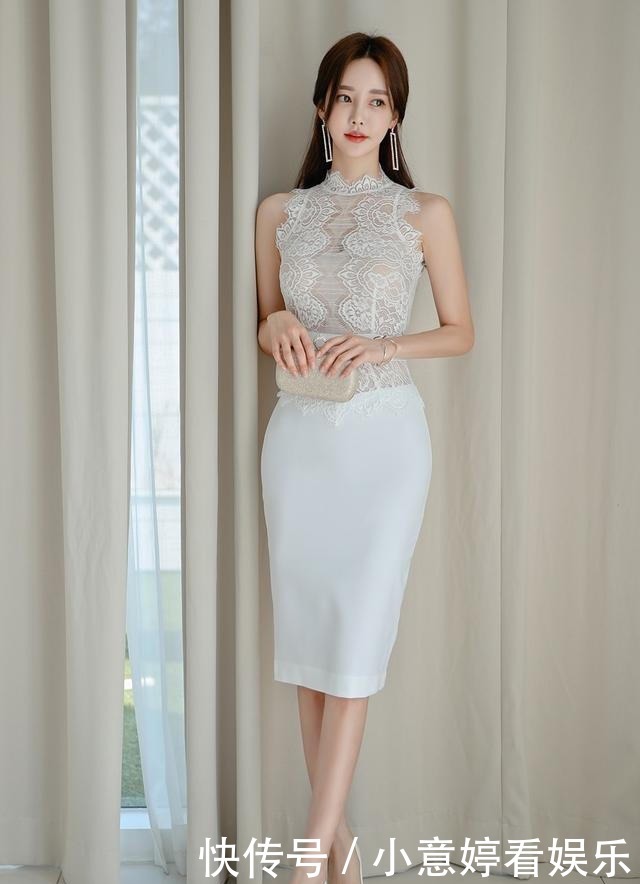 层叠对称花纹薄纱雪纺无袖包臀裙，突显孙允珠优雅气质