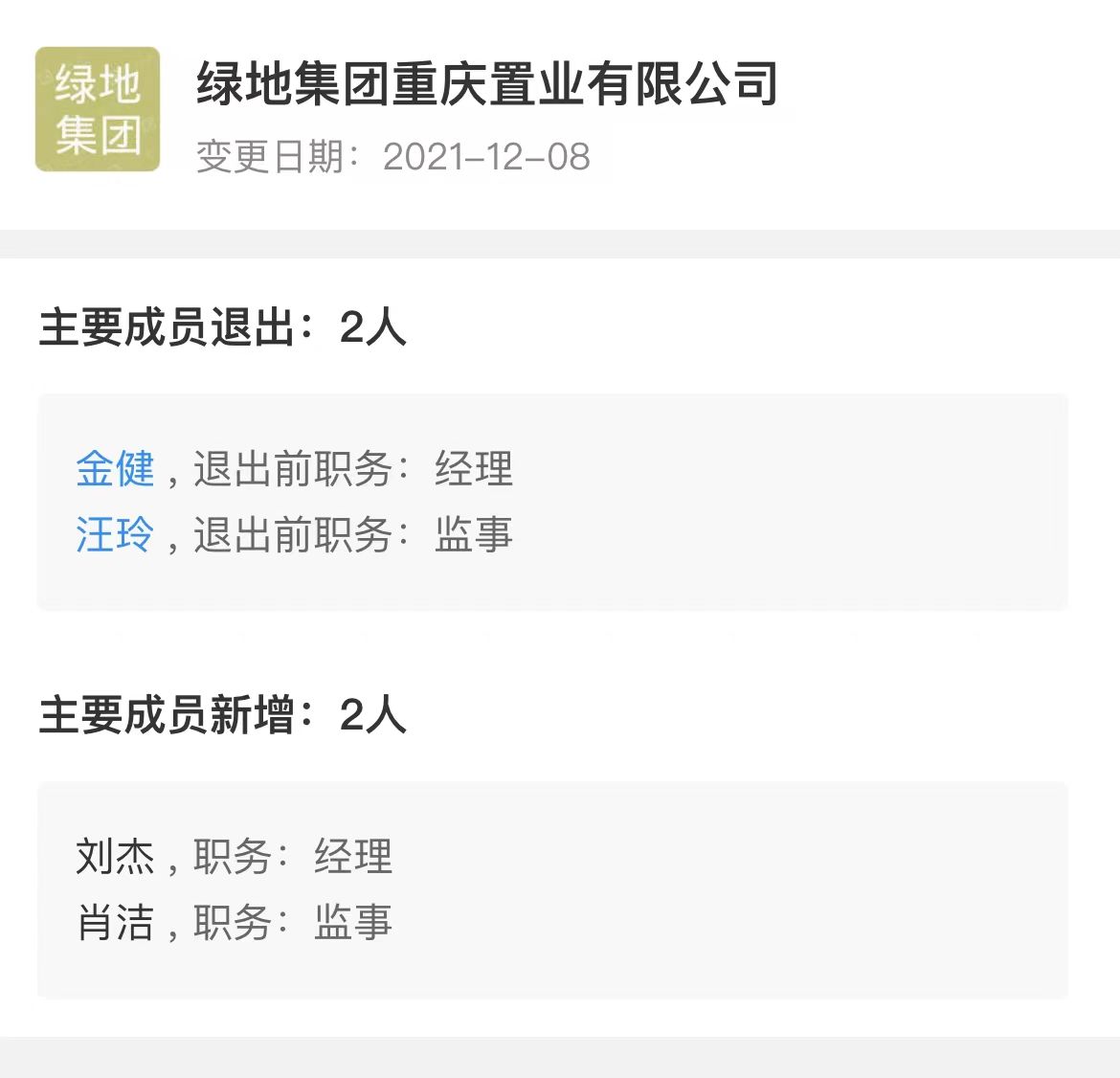 绿地集团|快讯：绿地重庆主要成员变更：汪玲退出监事职务由肖洁接任