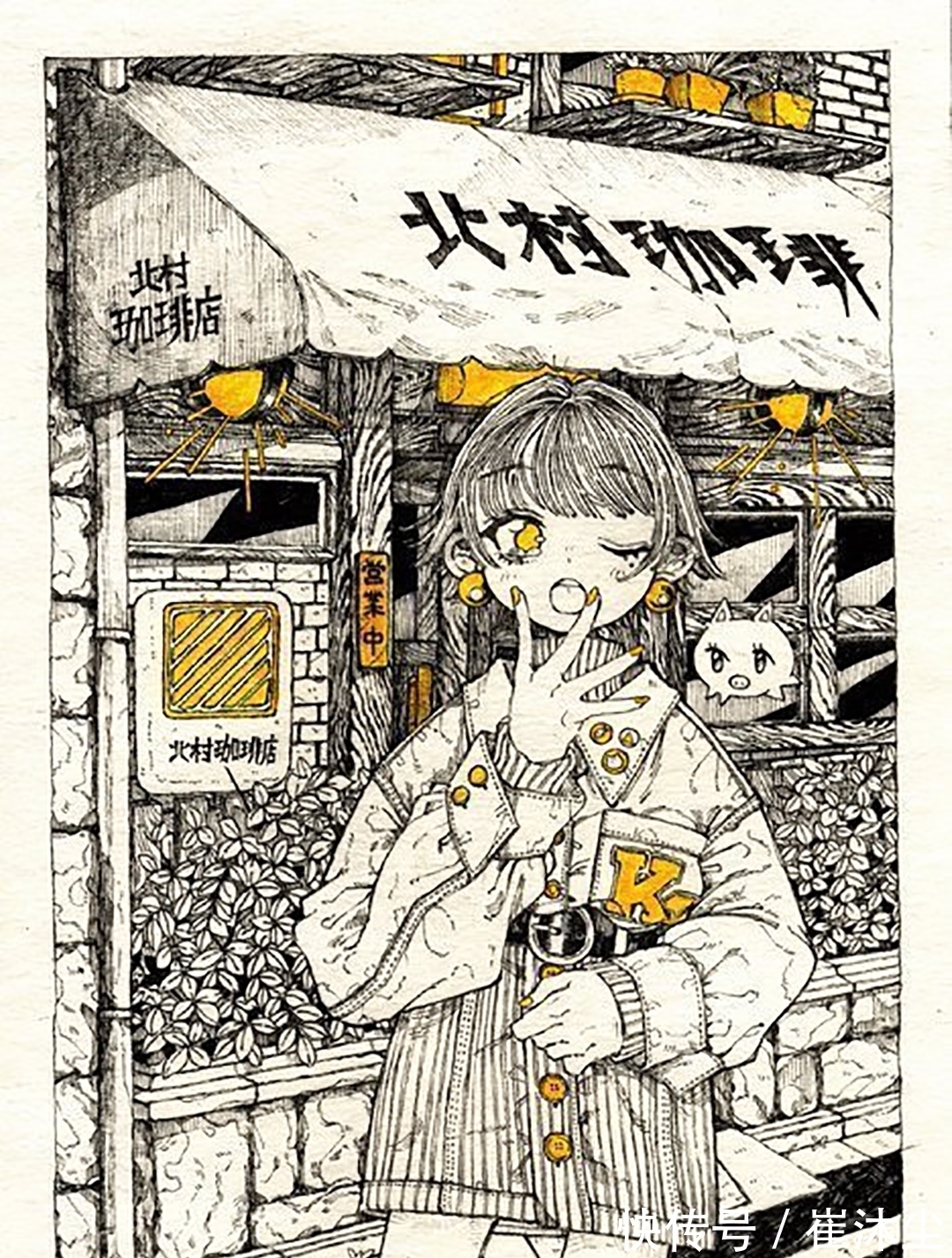 少女插画#线条感极强的少女插画,加一点黄色点缀非常的好看