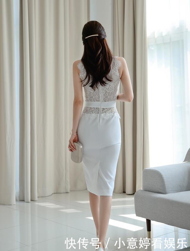 层叠对称花纹薄纱雪纺无袖包臀裙,突显孙允珠优雅气质
