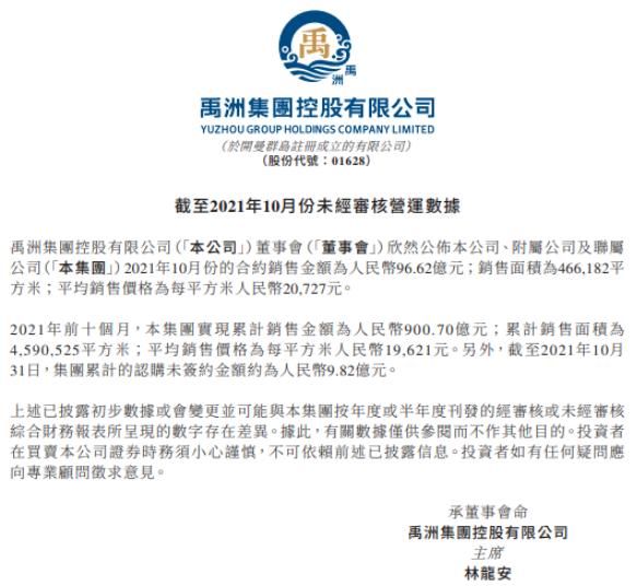 禹洲集团|禹洲集团前10个月合约销售额约900.7亿元 同比增长1.67%