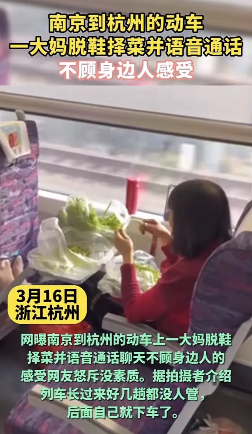 女子在高铁上脱鞋择菜，网友表示：无法忍受