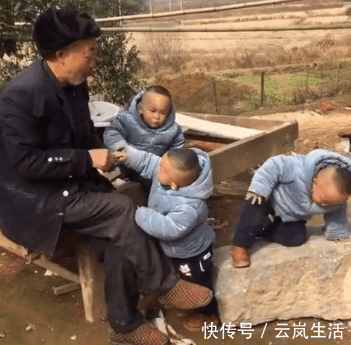 爷爷|三胞胎在爷爷家捣乱，爷爷拿着棍子时，三胞胎的表情笑翻我了