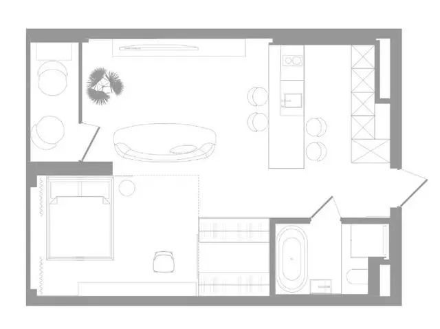 移门|53㎡简约风单身公寓，不做电视墙，巧用移门做隔断，设计很巧妙！
