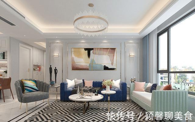 小空间|76平米三房两厅美式装修，灰色墙面搭配金色边条，小空间的轻奢味