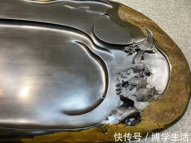 立体感@随便拿2块“金皮”歙砚石,叫朋友帮忙雕刻茶盘,成品也太惊艳了