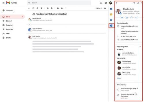 新增|[图]Gmail侧边栏新增联系人标签 可快速查看办公位置、邮件历史等信息