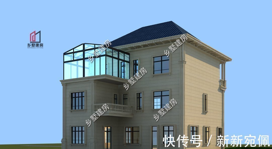 阳光房|12×16米带车库欧式别墅,落地窗阳光房,回村盖房就选它