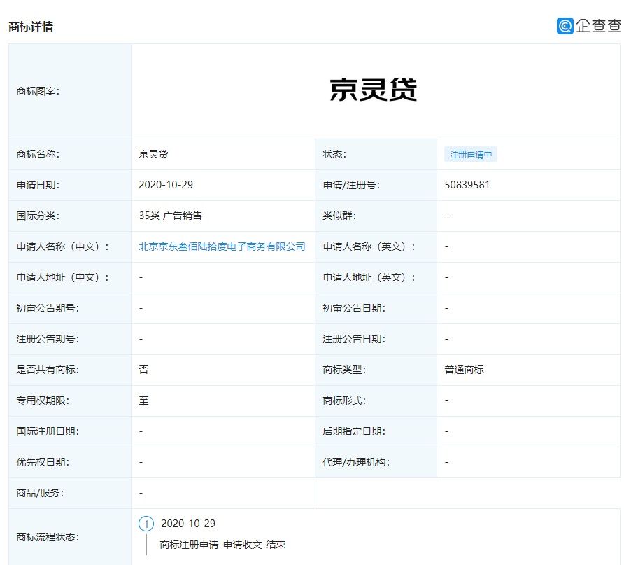 灵贷|京东关联公司申请 “京灵贷”商标，国际分类为广告销售