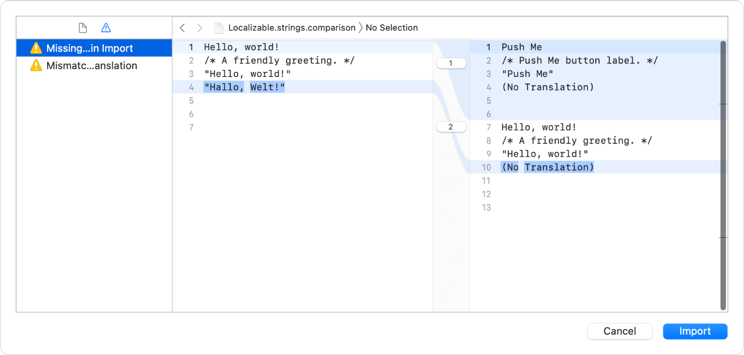 Screenshot of an import localization sheet where you review changes and errors.