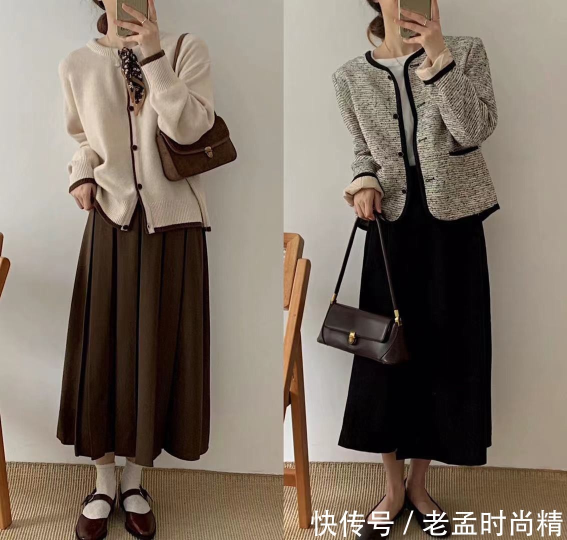 打底衫|早秋复古风 裙子、针织衫的搭配,显得简约温婉