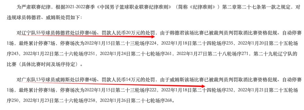 罚单|韩德君停赛7场!CBA最重磅罚单出炉 罚款总计34万威姆斯停赛5场