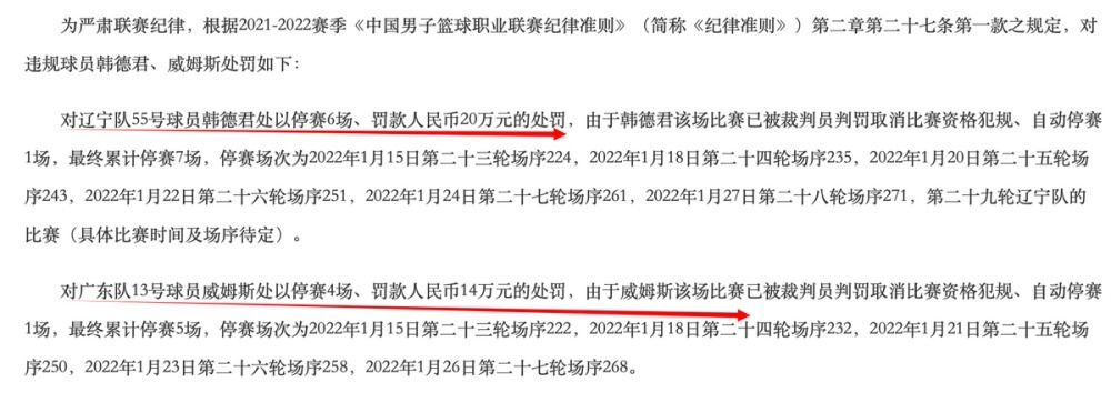 罚单|韩德君停赛7场！CBA最重磅罚单出炉 罚款总计34万威姆斯停赛5场