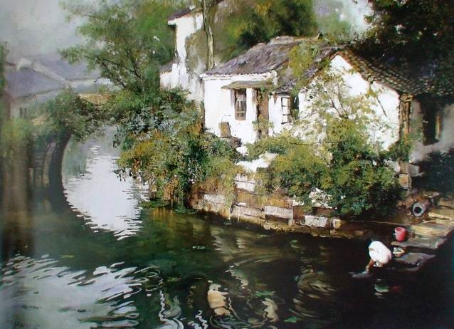 江南水乡#潘鸿海油画中的江南水乡,太有诗意了!