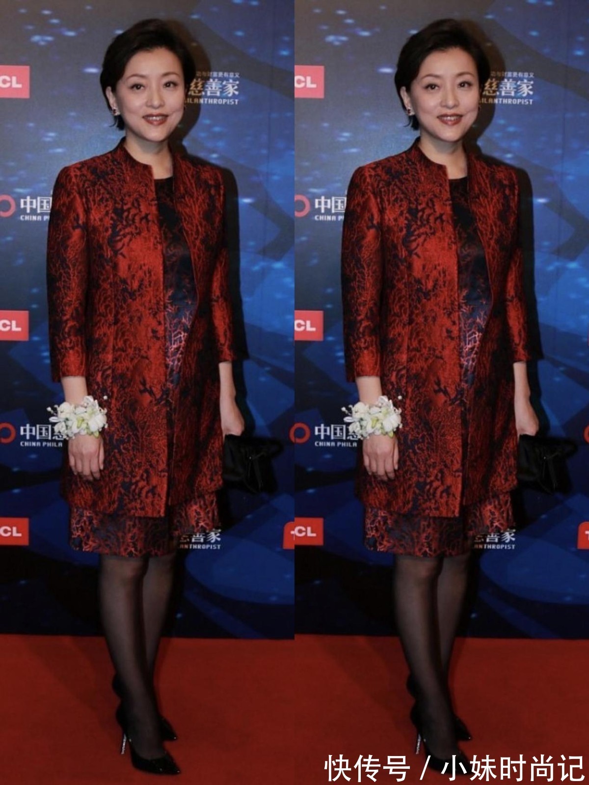 红色|杨澜也有“不端庄”的时候,红色大衣挺优雅的,配上黑丝略显俗气