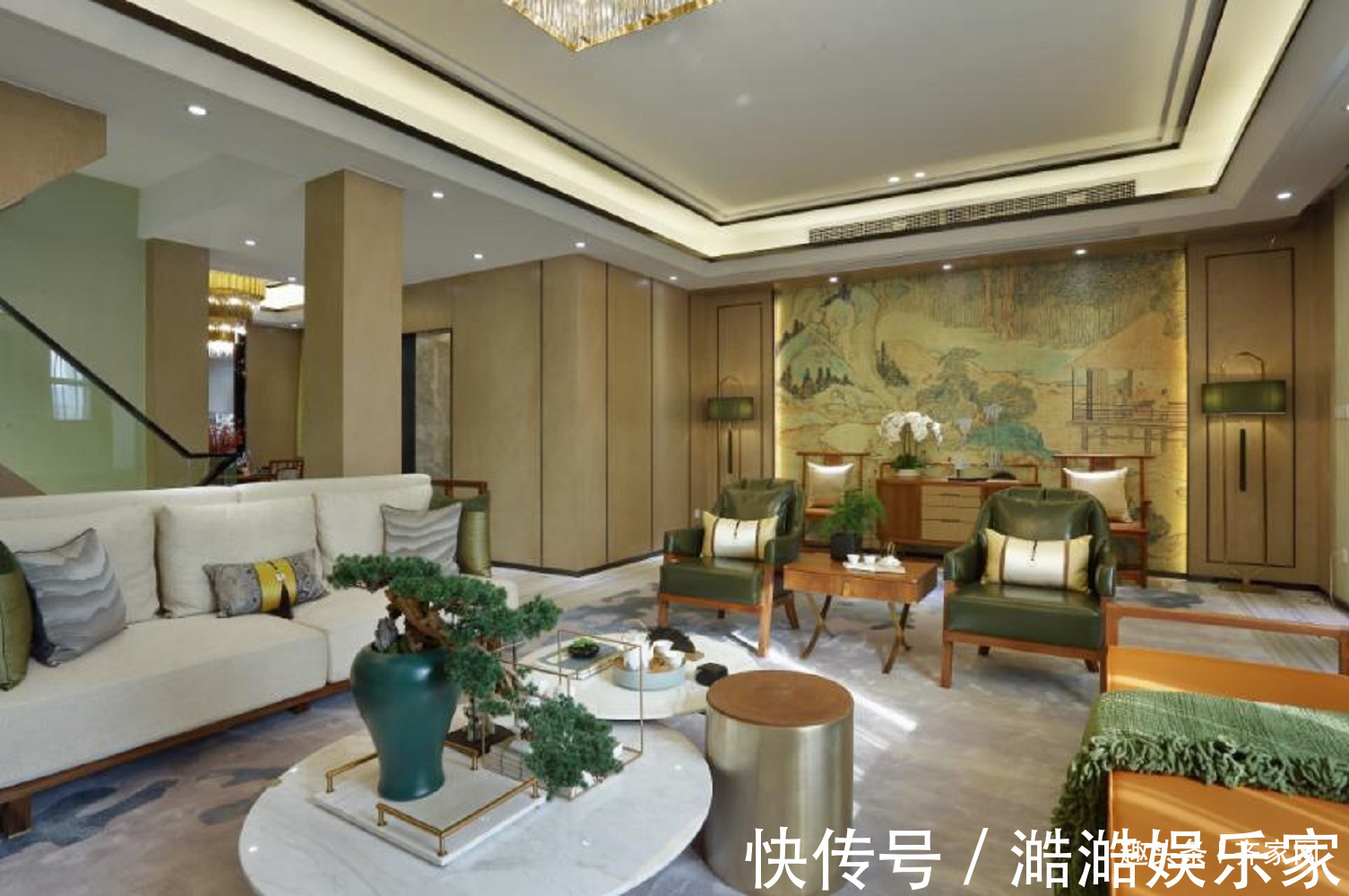 茶室|现代中式复式,花瓣式吊灯,茶室镂空置物隔断,打破中式严肃感!