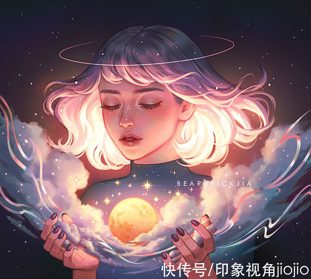 超现实主义|如星辰大海般的梦幻少女插画，高光亮眼的配色太绝了