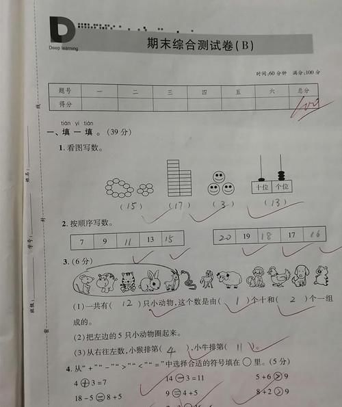 绝大部分|一年级数学期末测试卷，看似简单，几道小题就叫学生拉开了档次