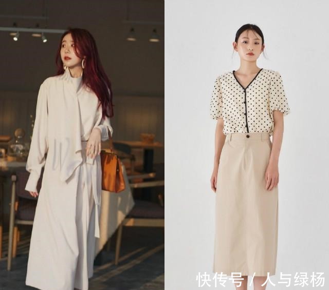 米色裙 今秋最洋气的穿法白衬衫+米色裙，显白显瘦飙气质，美进骨子里