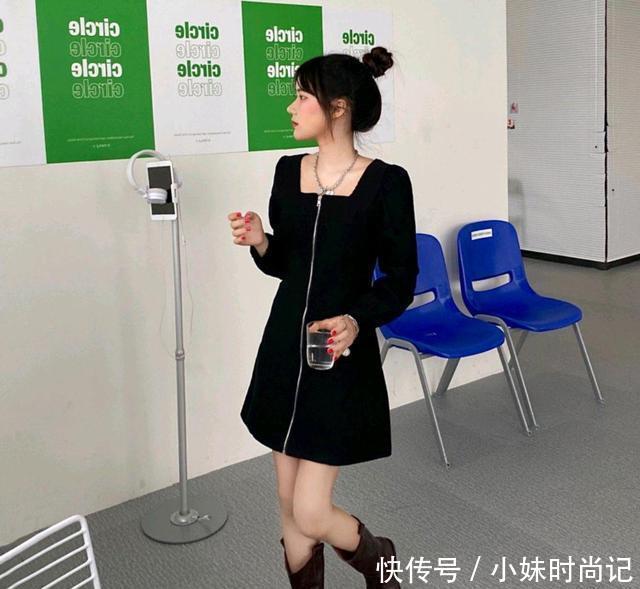 “黑色长裙+黑色靴”, 是春天很流行的搭配组合, 显瘦又洋气!