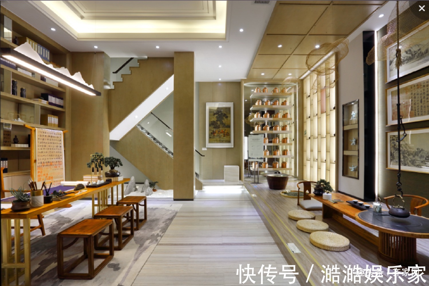 茶室|现代中式复式,花瓣式吊灯,茶室镂空置物隔断,打破中式严肃感!