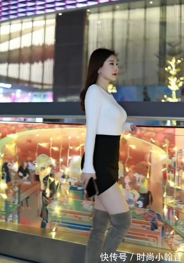 t恤 小黑裙搭上过膝靴,化身冬天潮女,如行走的都市风景