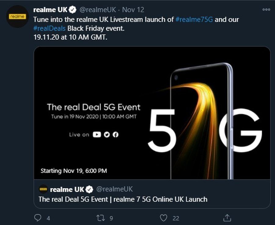 发布|Realme 7 5G将于本月19日在海外市场发布