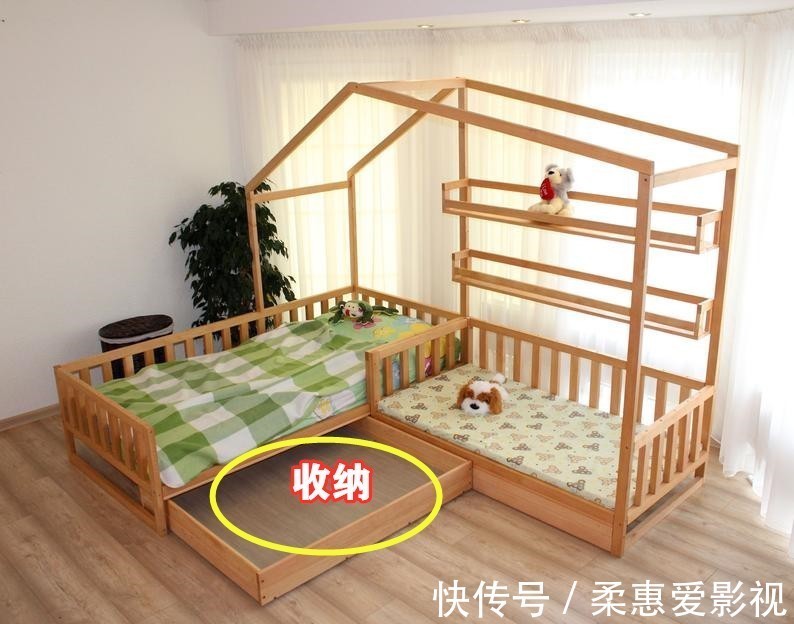 卧室|2个孩子上下铺不是首选,卧室拐角摆一张一体式双人床,安全宽敞