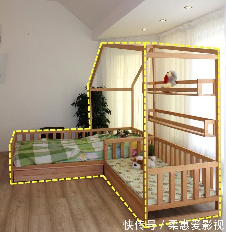 卧室|2个孩子上下铺不是首选，卧室拐角摆一张一体式双人床，安全宽敞
