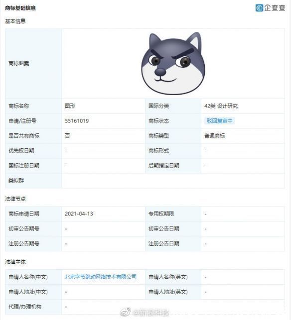 腾讯|“狗头”大战：腾讯字节商标状态为“驳回复审中”