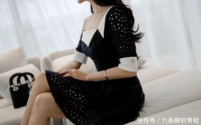 黑色|韩国模特孙允珠韩版白色领子拼接黑色镂空斜肩收腰连衣裙网拍