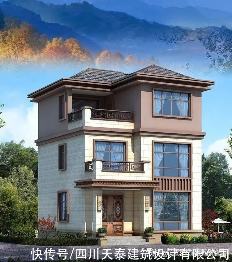 露台|四川自贡三层新中式风格别墅 小面宽设计 三层带大露台双拼别墅