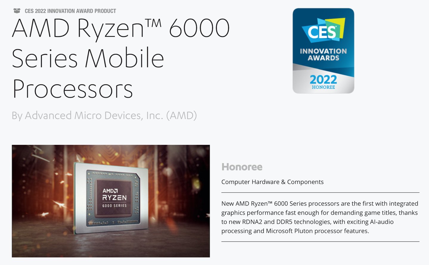 线程|AMD 锐龙 6000 移动处理器获 CES 创新奖