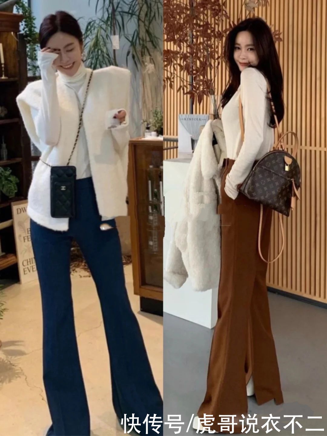 比小脚裤洒脱比阔腿裤显瘦，冬季喇叭裤被她“带火”了，真会穿