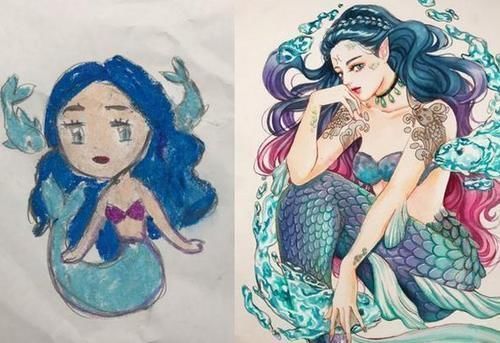 水粉$23岁外国美少女画师:10年前10年后进阶画画对比,画风唯美